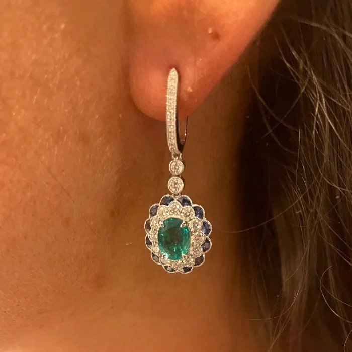 Edwardian Style Emerald, Sapphire and Diamond Cluster Drop Earrings