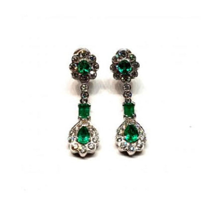 2.20ct Emerald and Diamond Cluster Long Drop Earrings in 18ct White Gold