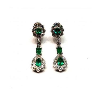 2.20ct Emerald and Diamond Cluster Long Drop Earrings in 18ct White Gold