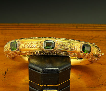 Antique Green Tourmaline Ornate Engraved Carved 18ct Yellow Gold Bangle Bracelet