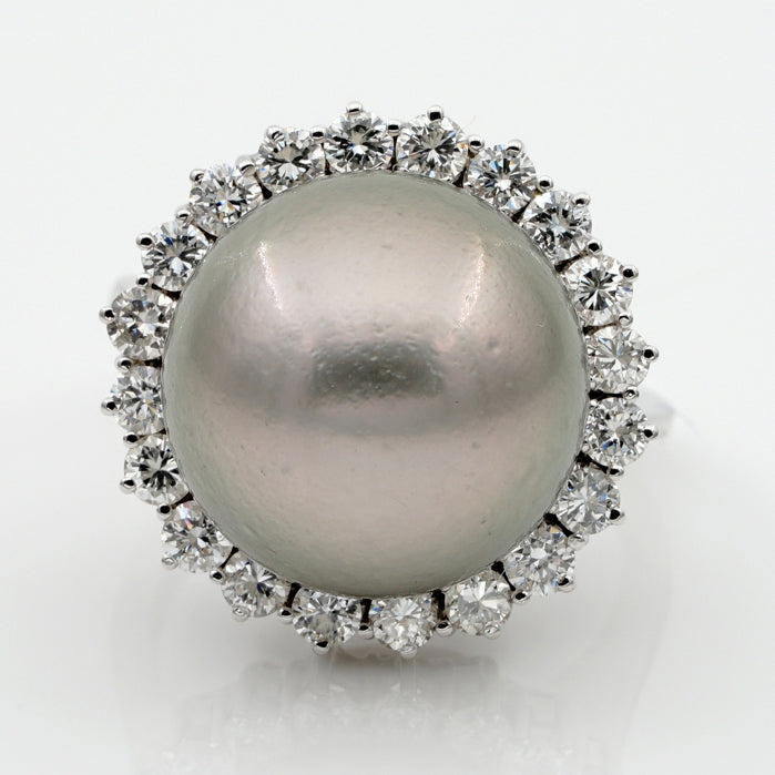 Vintage Black South Sea Pearl and Diamond Cluster Cocktail Ring