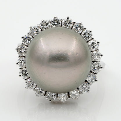 Vintage Black South Sea Pearl and Diamond Cluster Cocktail Ring