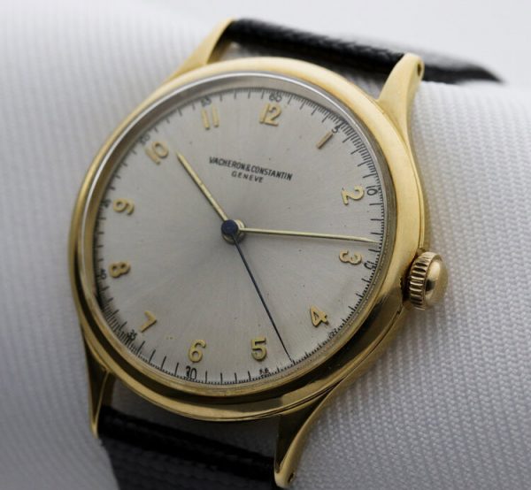 Vacheron Constantin Vintage 1950s Manual 18ct Yellow Gold Screw Back 35mm Gents Watch; with rare silver dial, on a black leather strap
