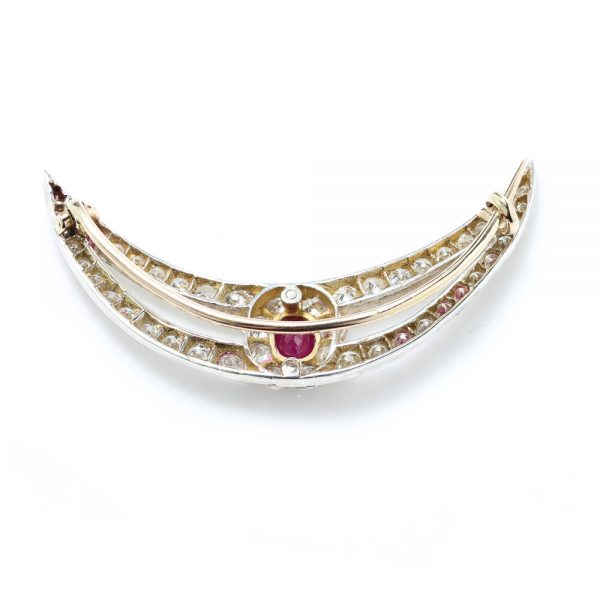 Antique Edwardian Burmese Ruby and Old Cut Diamond Cluster Crescent Brooch in Platinum and Gold