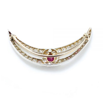 Antique Edwardian Burmese Ruby and Old Cut Diamond Cluster Crescent Brooch in Platinum and Gold