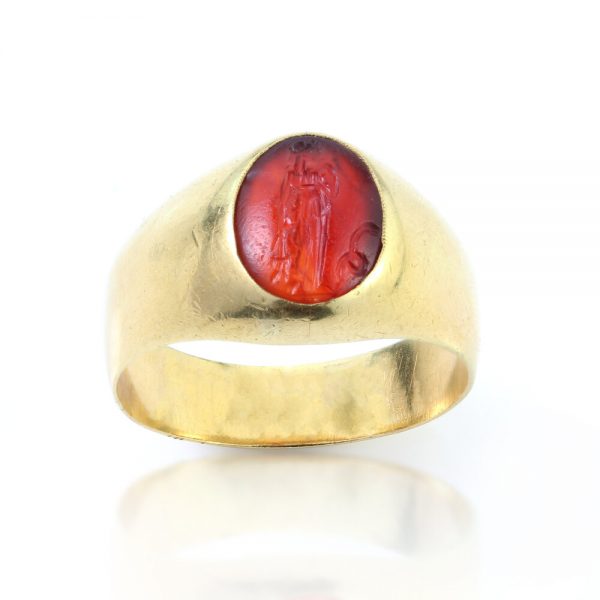 Antique Roman Carnelian Intaglio on Victorian 15ct Gold Ring; Roman Carnelian intaglio of a lady mounted to a 15ct yellow gold Victorian ring shank. Carnelian Intaglio Circa circa 2nd Century A.D. Ring shank made in 1870s