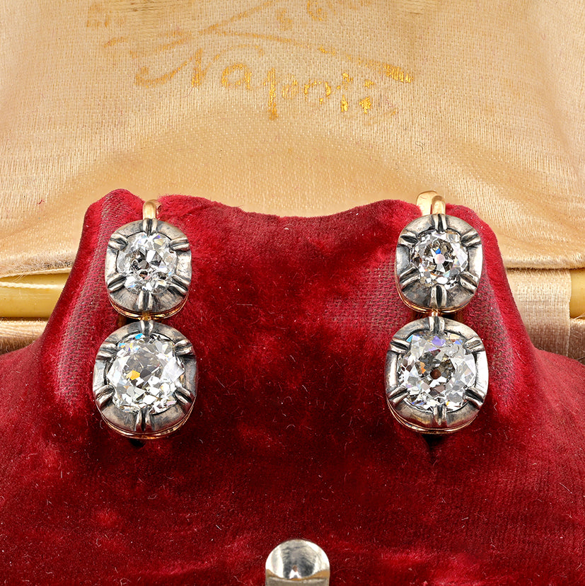 3ct Old Mine Cut Diamond Twin Solitaire Drop Earrings