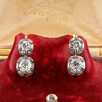 3ct Old Mine Cut Diamond Twin Solitaire Drop Earrings