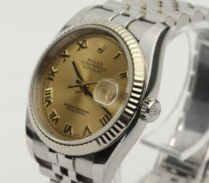 Rolex Datejust 36mm Stainless Steel Automatic Watch with White Gold Bezel and Champagne Dial, ref 116234, on a stainless steel Jubilee bracelet with Crown clasp, Circa 2008-09