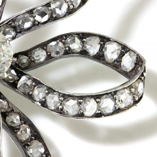Antique Old Cut Diamond Bow Brooch, 6.55 carat total