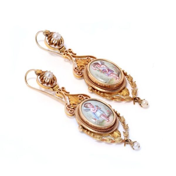 19th Century Antique Italian Gold and Enamel Cherub Plaque Drop Earrings
