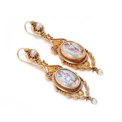 19th Century Antique Italian Gold and Enamel Cherub Plaque Drop Earrings