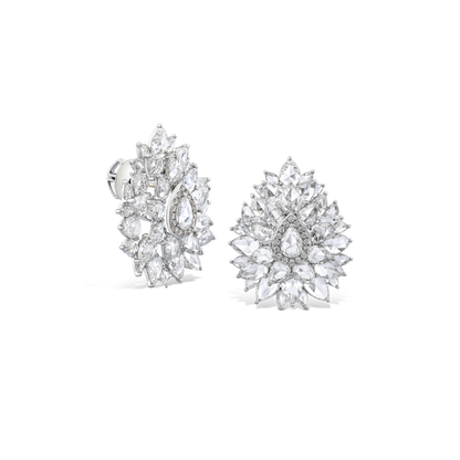 Rose Cut Diamond Cluster Earrings; set with pear-shaped rose-cut diamonds and round brilliant-cut diamonds, 14.28 carat total, E/F colour VS/VVS clarity