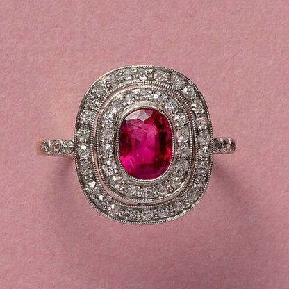 Antique Edwardian Burma Ruby and Double Diamond Cluster Ring
