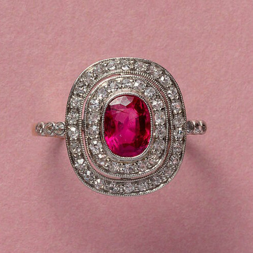 Antique Edwardian Burma Ruby and Double Diamond Cluster Ring