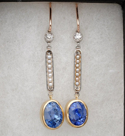 Antique Edwardian Natural 5.29ct Ceylon Sapphire Diamond Pearl Drop Earrings, Certified No Heat