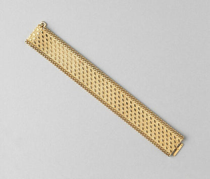 Vintage Georges Lenfant Gold Bracelet, 18ct yellow gold flat mesh woven bracelet with textured geometric design and polished braided border, France, Circa 1970