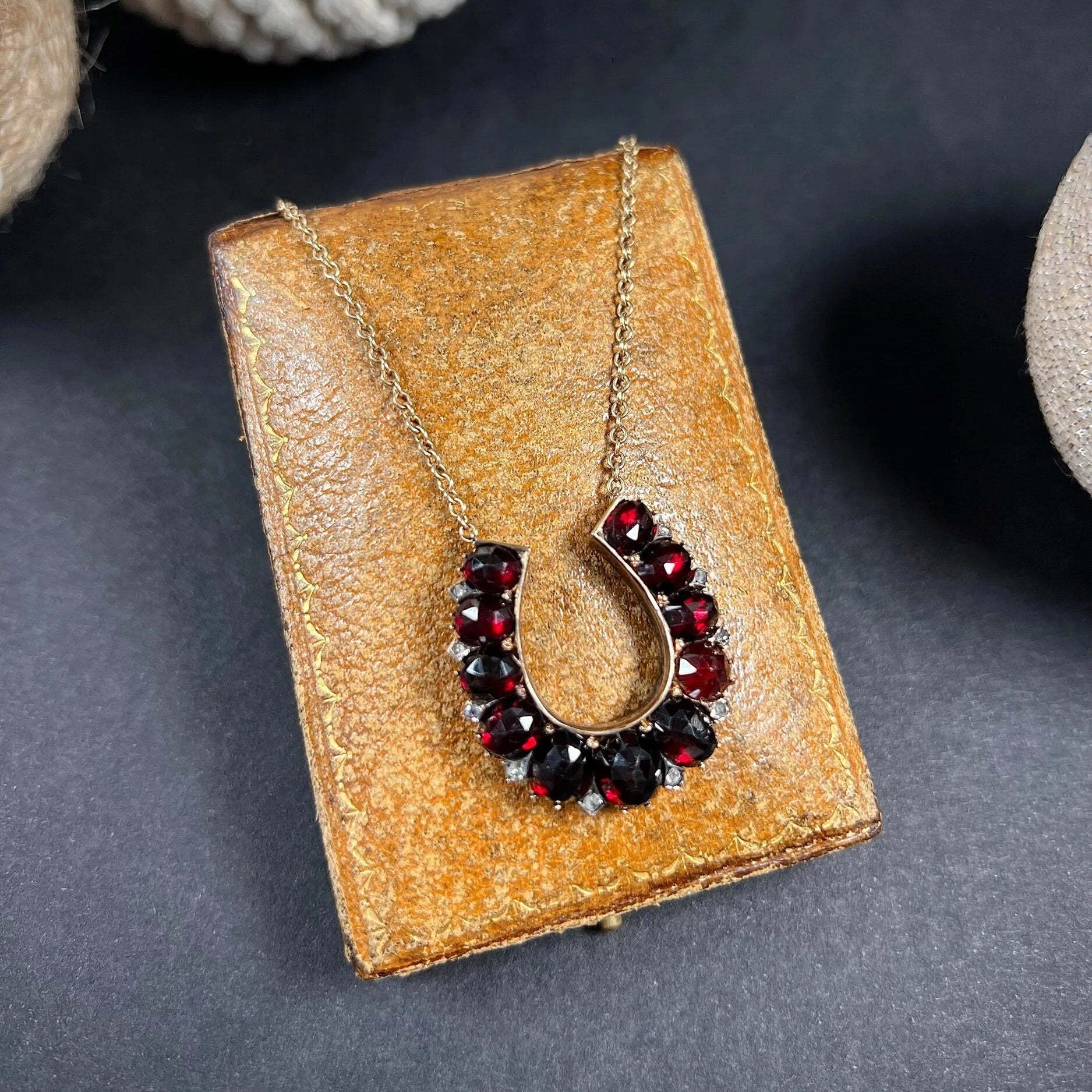 Victorian Antique Garnet and Diamond Horseshoe Pendant Necklace in Rose Gold