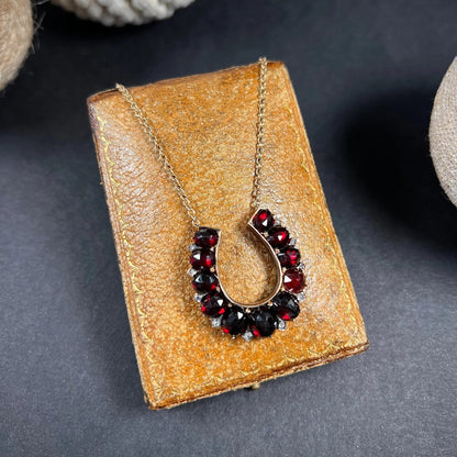 Victorian Antique Garnet and Diamond Horseshoe Pendant Necklace in Rose Gold