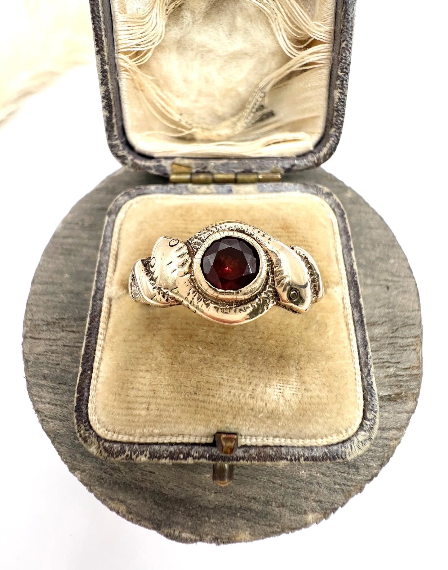 Edwardian 10 Carat Rose Gold Garnet Double-Headed Snake Ring, Circa 1910