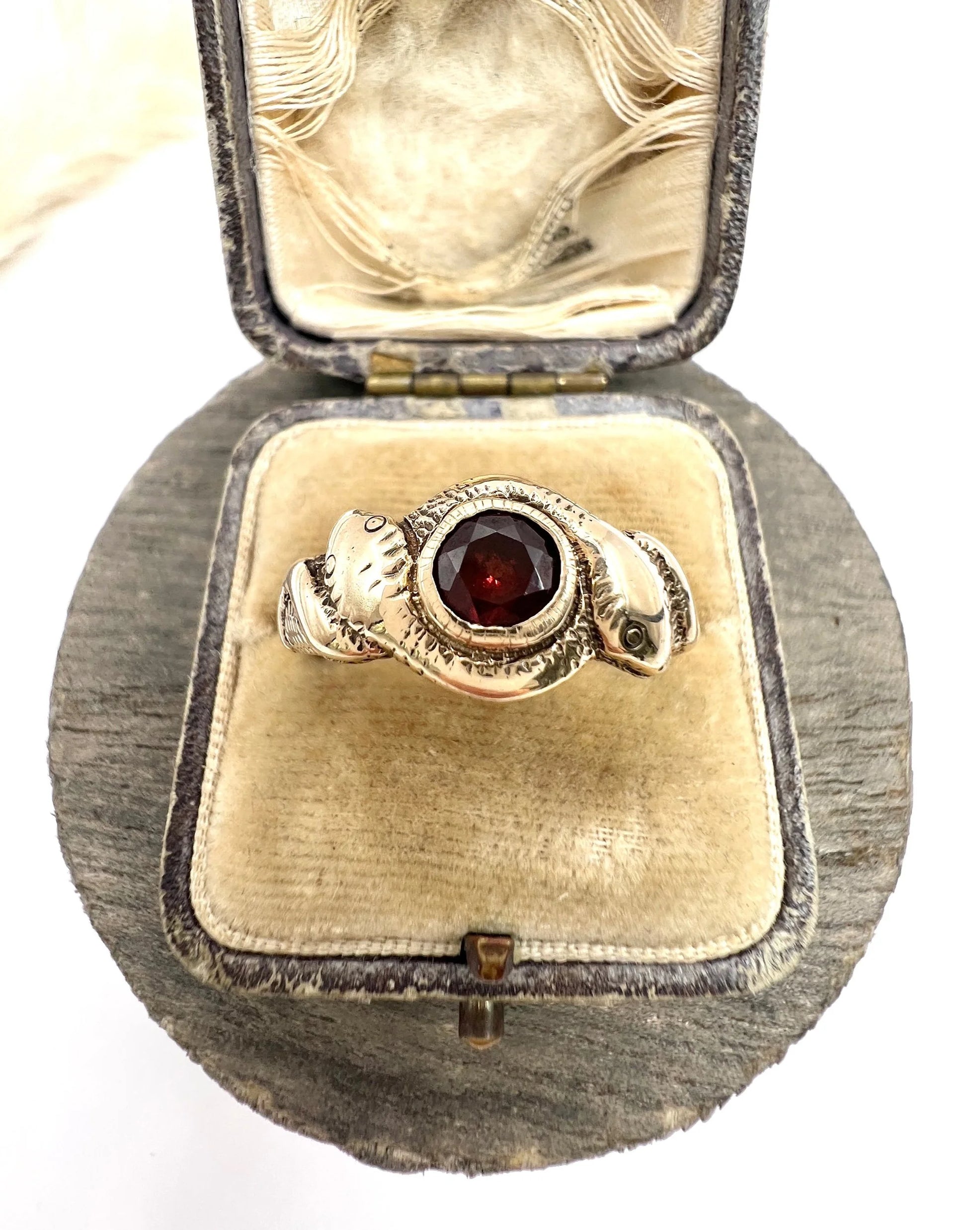 Edwardian 10 Carat Rose Gold Garnet Double-Headed Snake Ring, Circa 1910