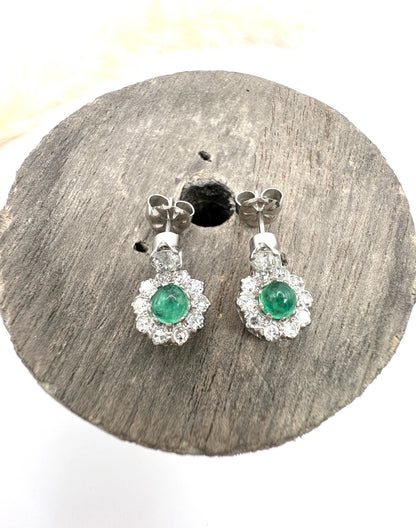 Vintage 1940s Cabochon Emerald and Diamond Daisy Cluster Drop Earrings