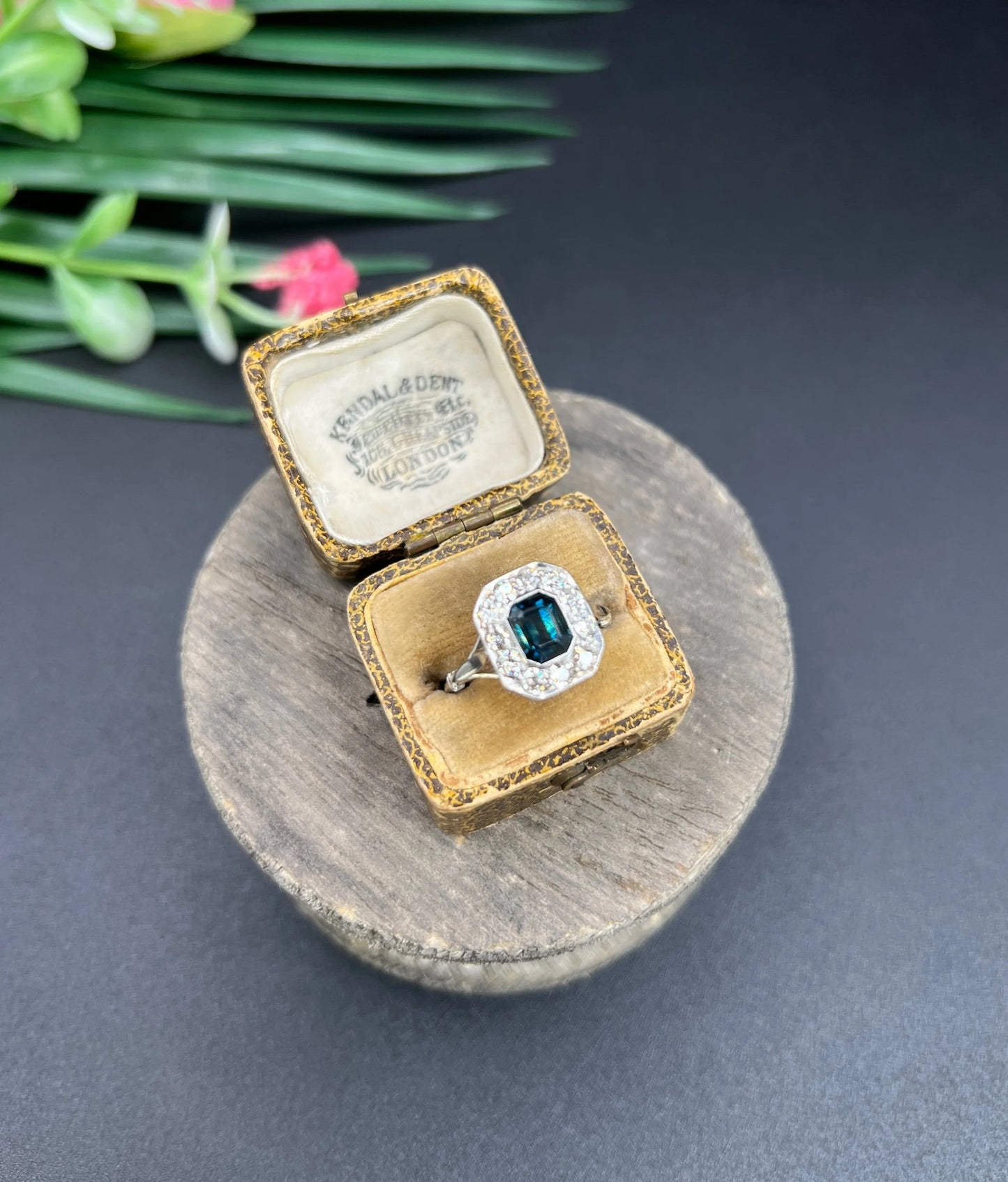Art Deco Sapphire and Diamond Octagonal Shaped Cluster Engagement Ring 18ct gold and Platinum