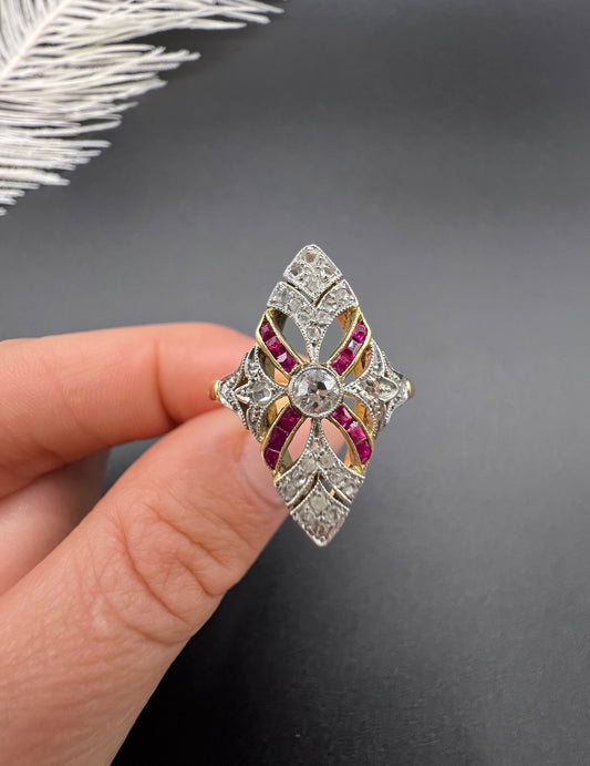 Antique Edwardian Ruby Diamond Marquise Navette Shaped Ring in 18ct Gold & Platinum
