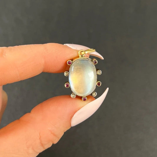 Antique 15ct Gold & Platinum Edwardian Moonstone, Ruby, Diamond Pendant