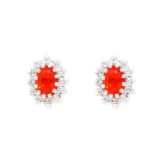 Mexican Fire Opal and Diamond Cluster Earrings set in 18ct White Gold