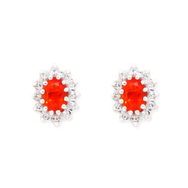 Mexican Fire Opal and Diamond Cluster Earrings set in 18ct White Gold