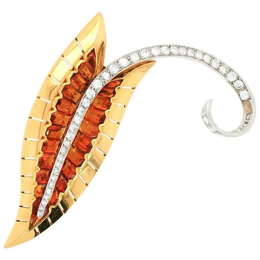 Vintage French Retro Citrine and Gold Leaf Brooch by Sasportas