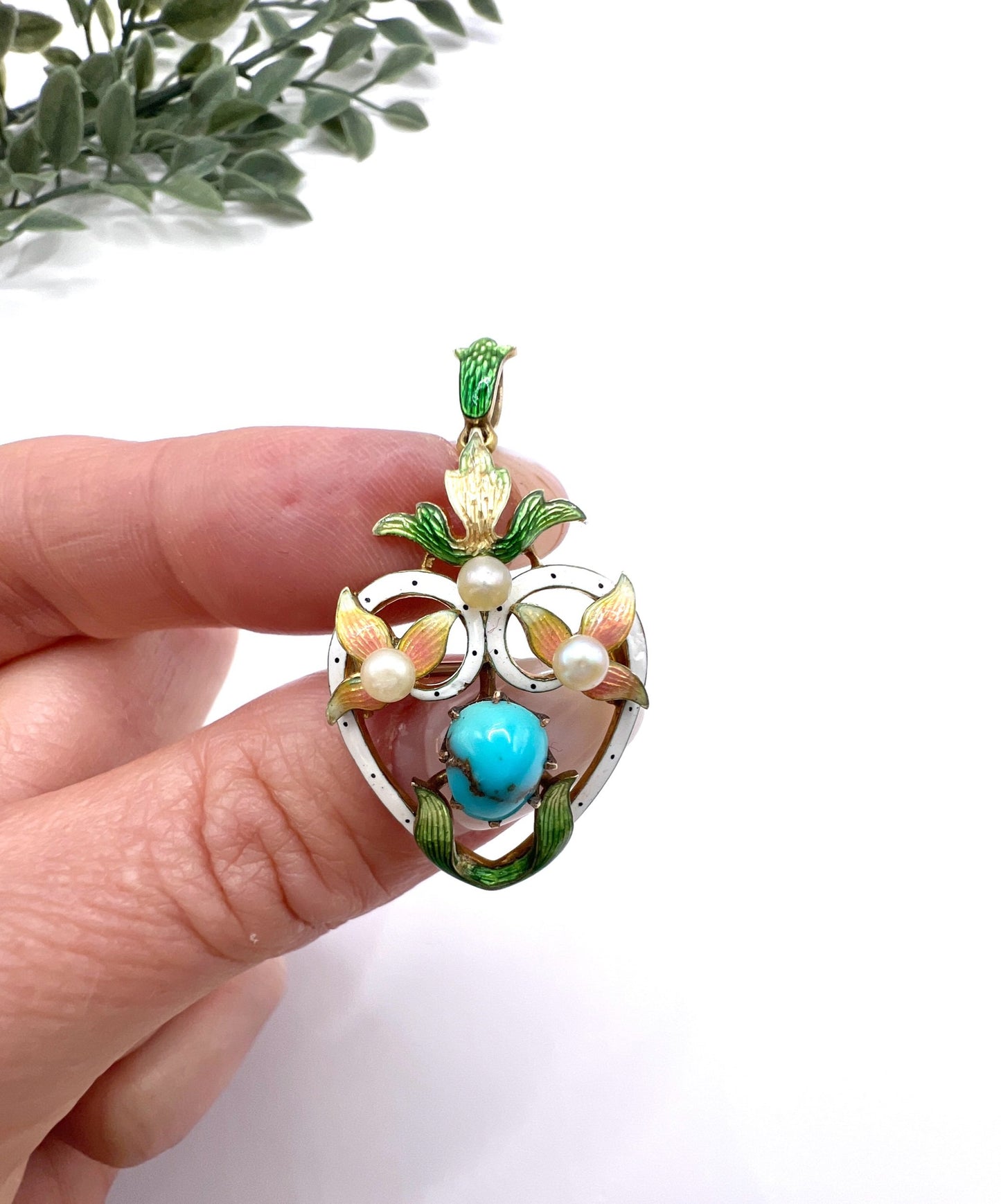 Antique 15ct Gold Heart Pendant/Brooch: Victorian Enamel, Turquoise, Seed Pearls