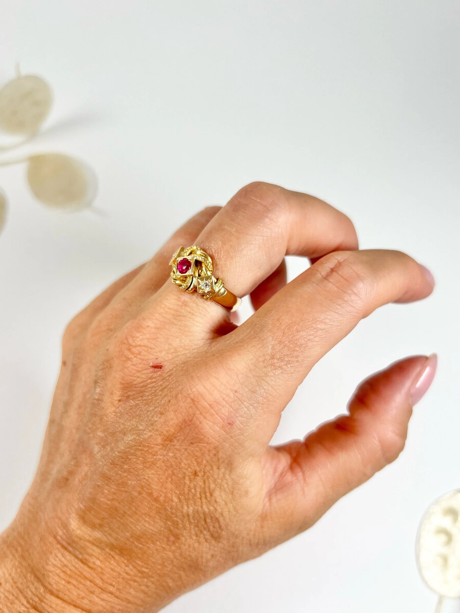 Antique 18 Carat Gold Ruby and Diamond Fancy Knot Ring, Hallmarked Birmingham 1916