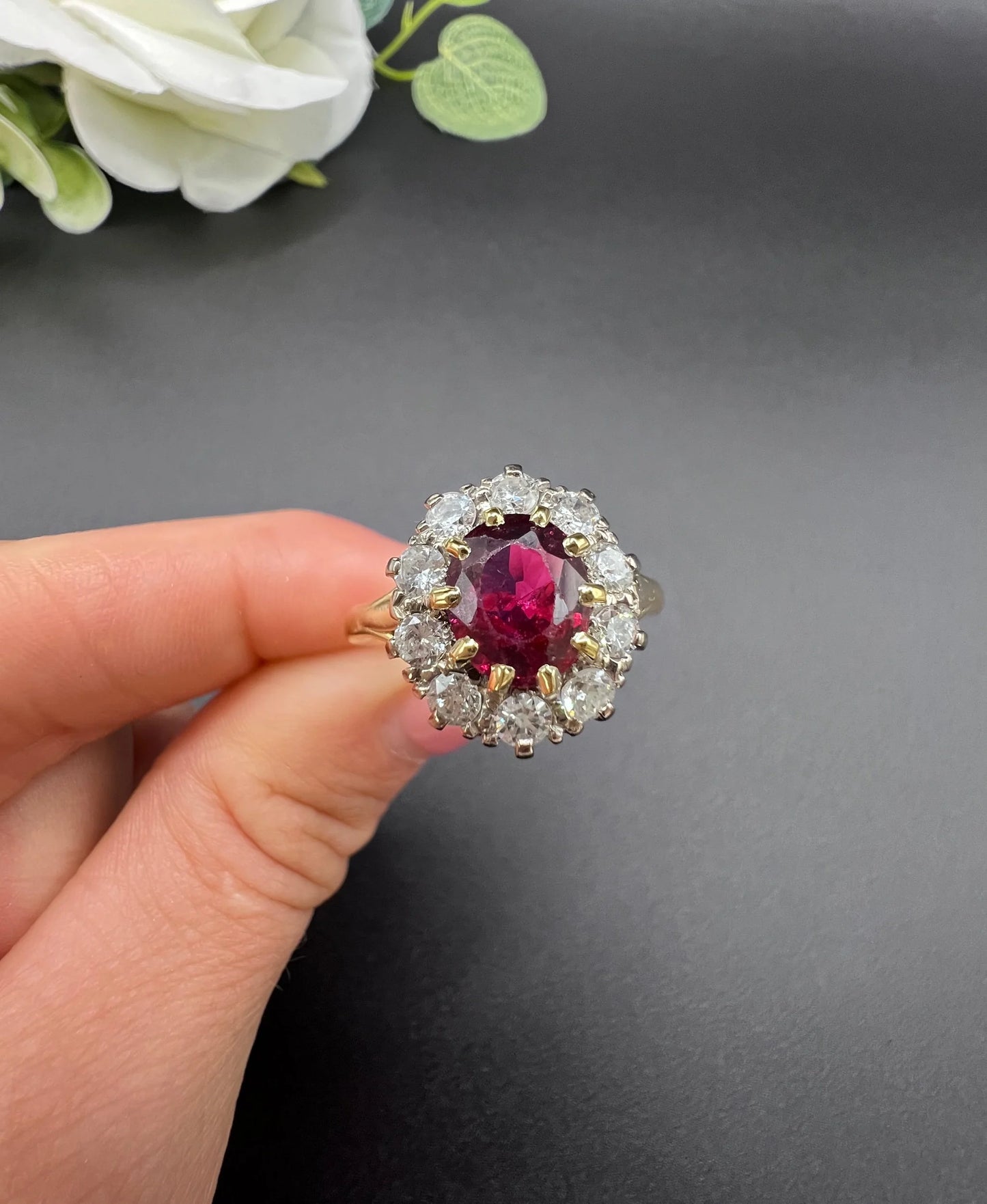 Vintage 18ct Gold, 1950s Ruby & Diamond Cluster Ring
