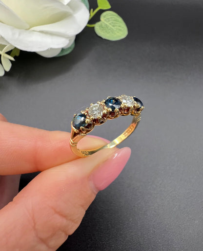 Vintage 18ct Yellow Gold, Victorian Style Sapphire and Diamond Five Stone Ring, London 1976