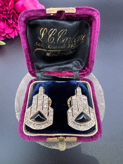 Vintage 14 ct Gold, Italian 1940's Art Deco Design, Diamond And Onyx Earrings