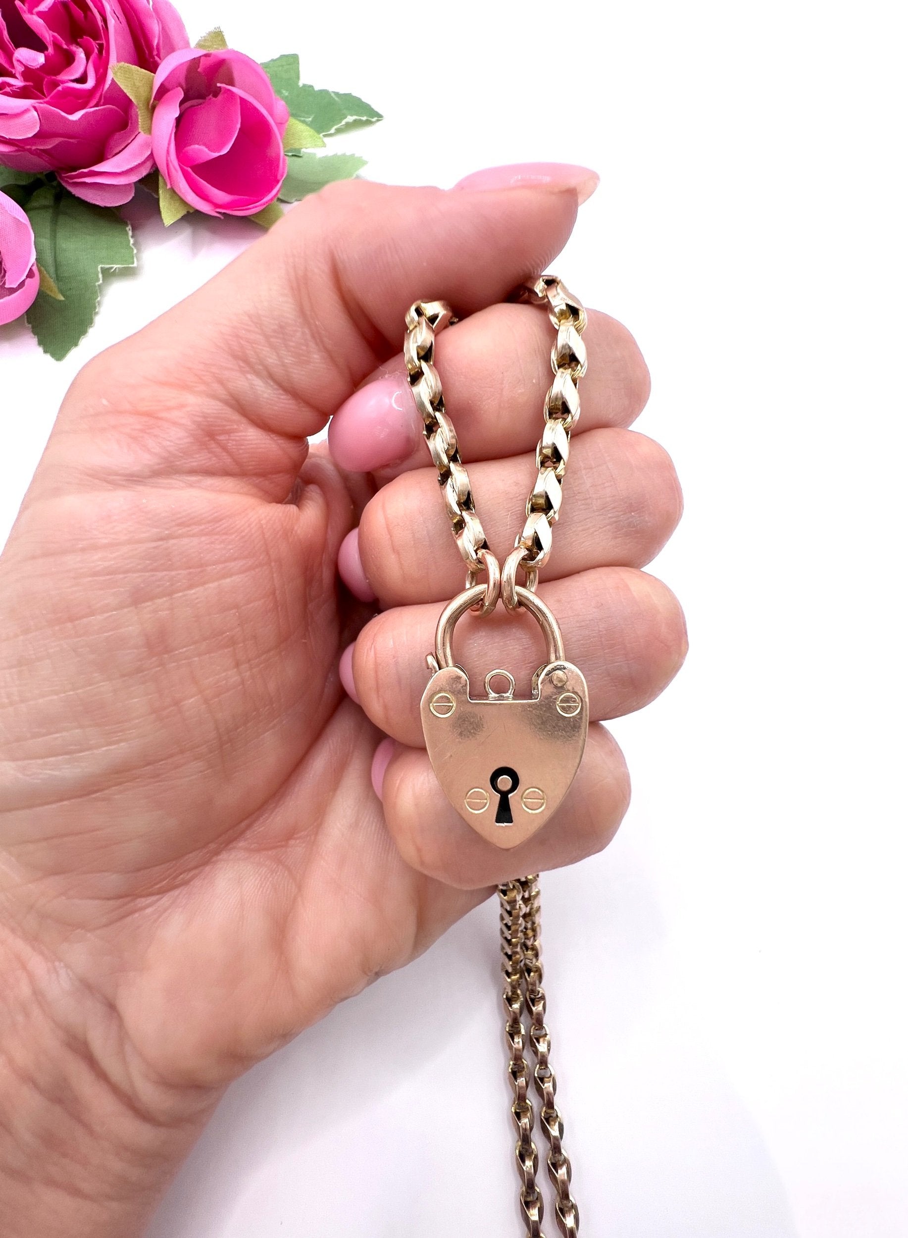 Antique 9 Carat Rose Gold Tulip Link Chain with Edwardian Heart Padlock Clasp