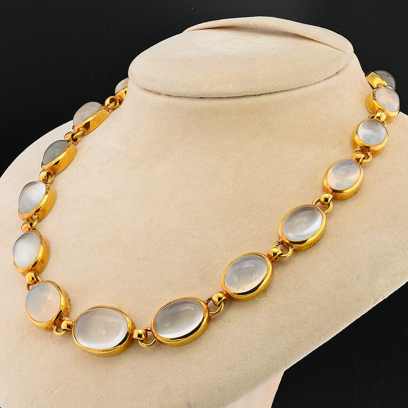 Vintage 1940s Retro 132ct Natural Moonstone Collar Riviere Necklace in 18ct Yellow Gold