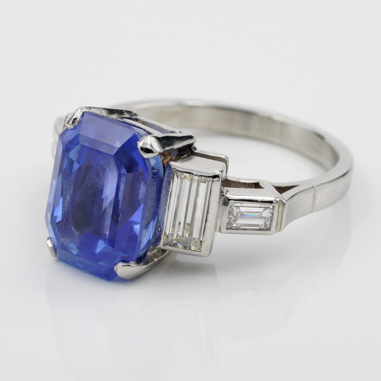 Vintage 6.36ct Certified No Heat Madagascan Sapphire and Diamond Ring in Platinum with GCS London Laboratory certificate