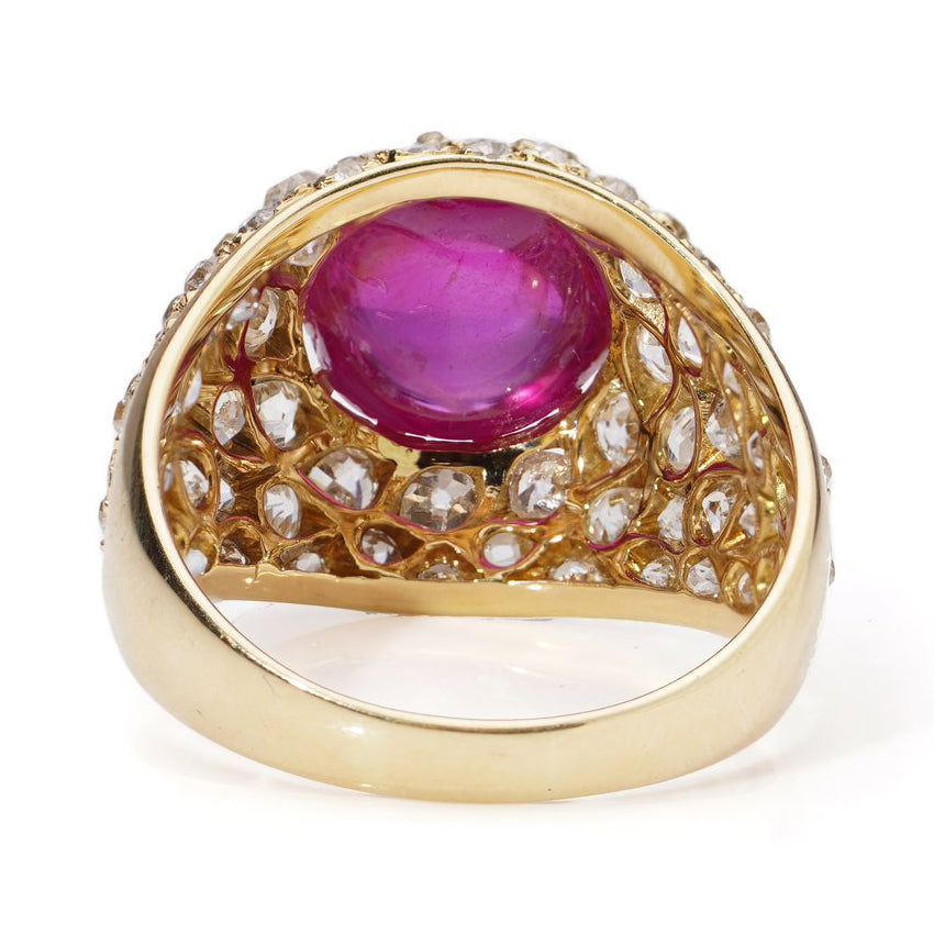 Certified 5.86ct Natural Burmese Ruby and Old Cut Diamond Dome Bombe Cocktail Ring in 18ct Yellow Gold