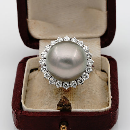 Vintage Black South Sea Pearl and Diamond Cluster Cocktail Ring