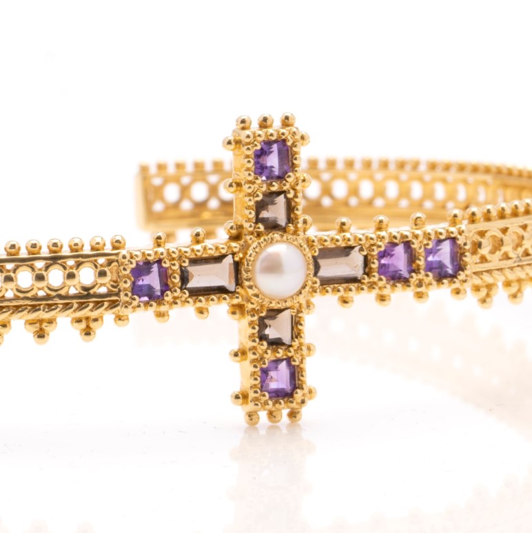 Decorative 18ct Yellow Gold Cross Bangle Bracelet with Amethyst Smoky Quartz and Pearl
