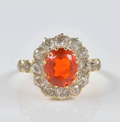 Antique Victorian 2ct Fire Opal and Diamond Cluster Ring