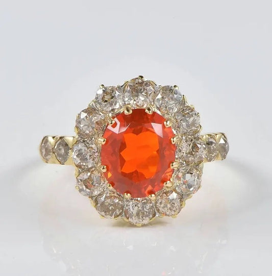 Antique Victorian 2ct Fire Opal and Diamond Cluster Ring