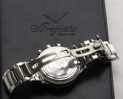 Breguet Type XX Stainless Steel Automatic Chronograph 39mm Watch; black dial, Arabic numerals, luminous hands, stainless steel bracelet strap, with box and papers