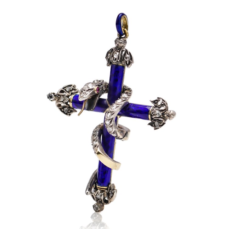 Antique Victorian Old Cut Diamond and Blue Enamel Snake Cross Pendant