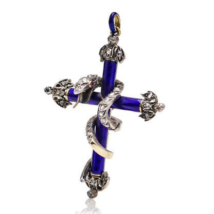Antique Victorian Old Cut Diamond and Blue Enamel Snake Cross Pendant