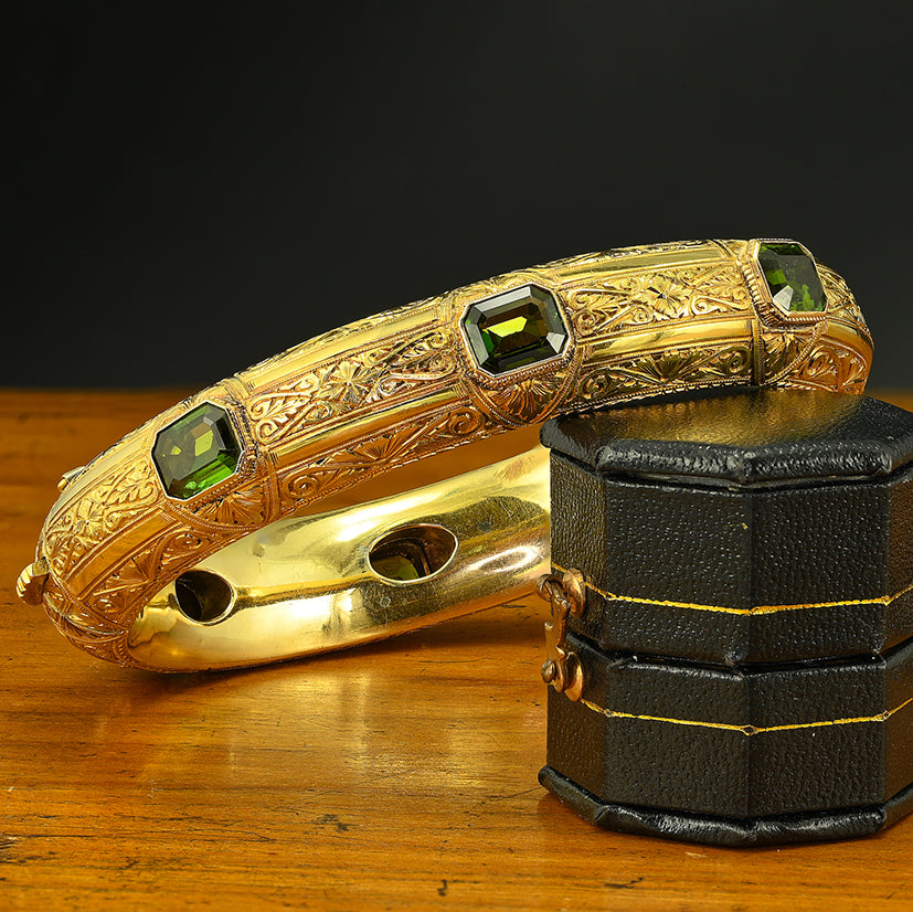 Antique Green Tourmaline Ornate Engraved Carved 18ct Yellow Gold Bangle Bracelet