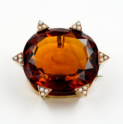 Late Art Deco 79ct Untreated Madeira Citrine and Natural Pearl Cluster Pendant-come-Brooch